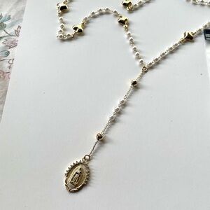 Elegant Gold and White Heart Beaded Necklace / Madonna / Modern Rosary
